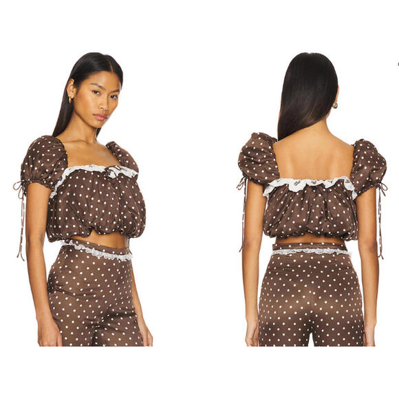 For Love & Lemons Chocolate polk a Dot Top  saatin lace trim size M NWT $179msrp - Picture 2 of 8